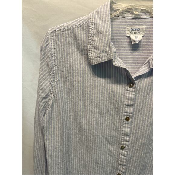Sigrid Olsen Womens Large Button Up Shirt Linen Blend Blue Stripe Beach Career - Picture 2 of 9